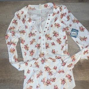Free People Henley Top. Fitted floral print waffle knit henley